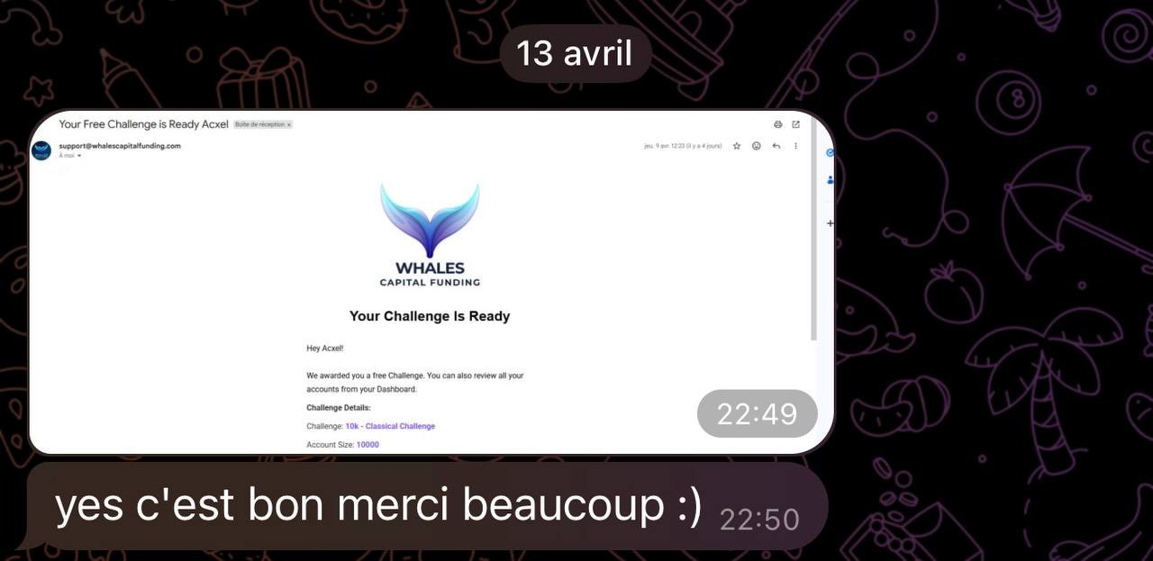 Membre confirmant la réception de sa Prop Firm offerte