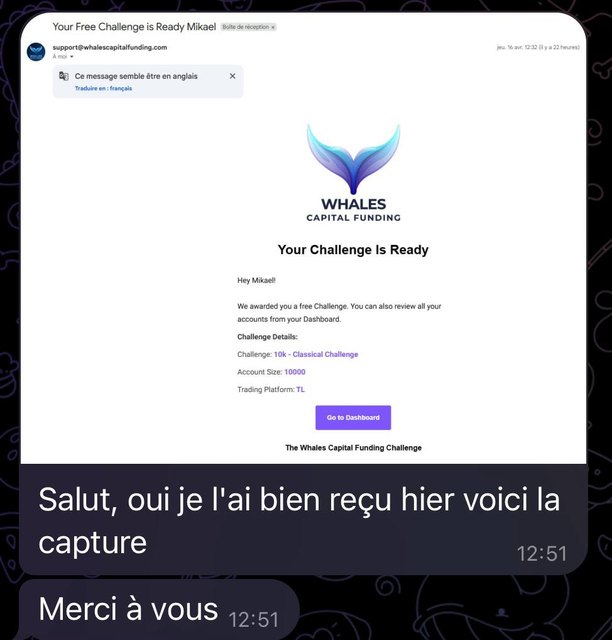 Membre confirmant la réception de sa Prop Firm offerte